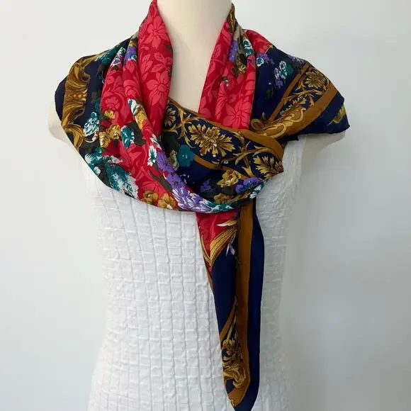 Silk Scarf Floral and Musical Instrument Print Navy Border